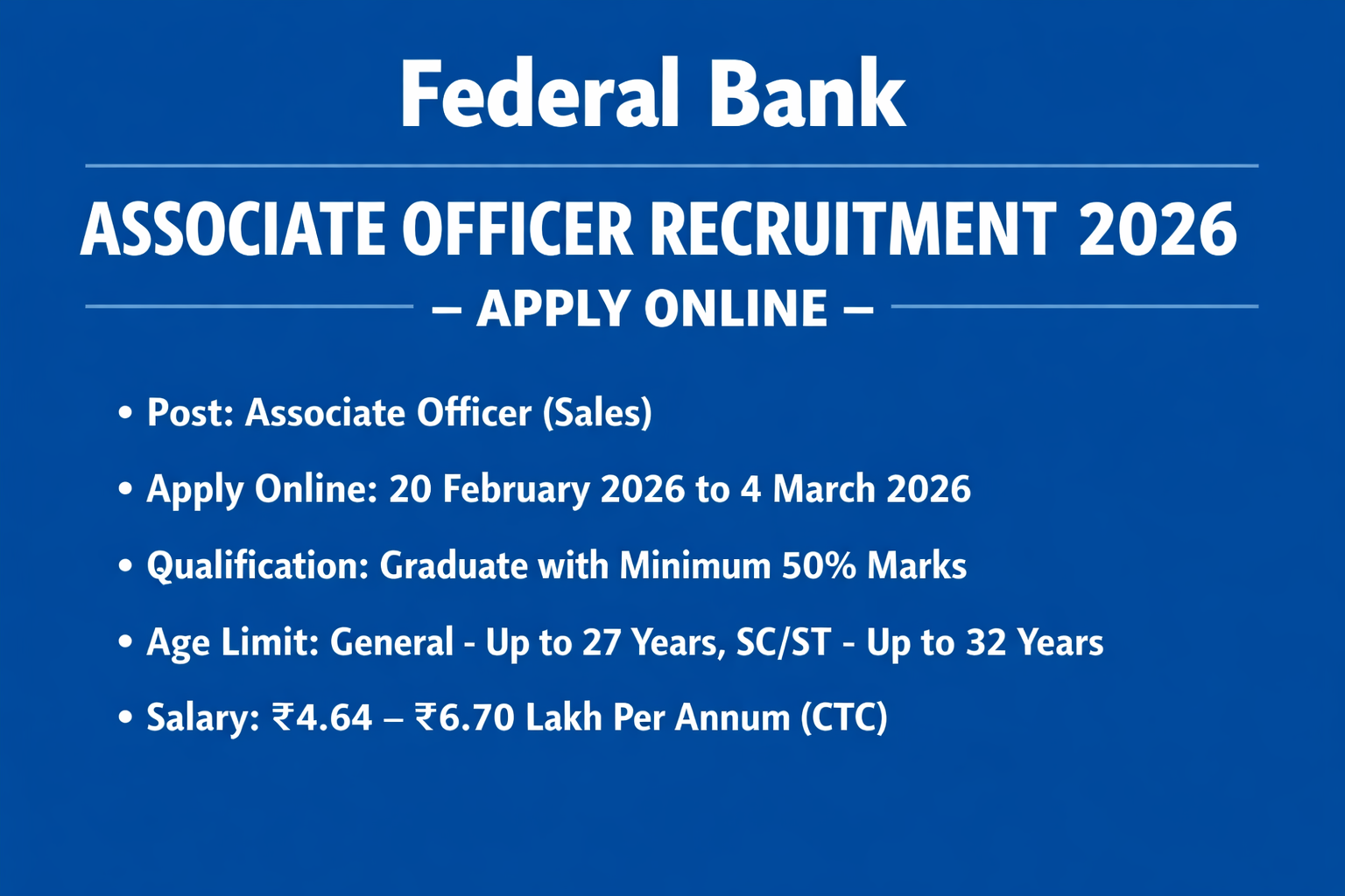 Federal Bank Associate Officer 2026